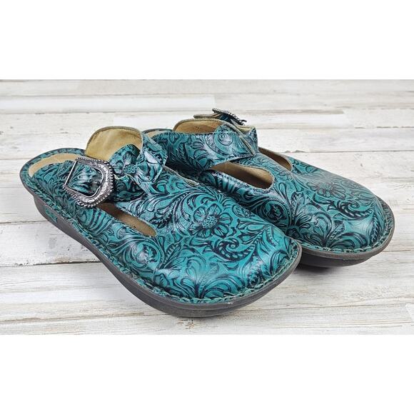 ALEGRIA Mules, Clogs, Slip Ons Greenish/Bluish Leather w/a Floral Pattern - Picture 2 of 8